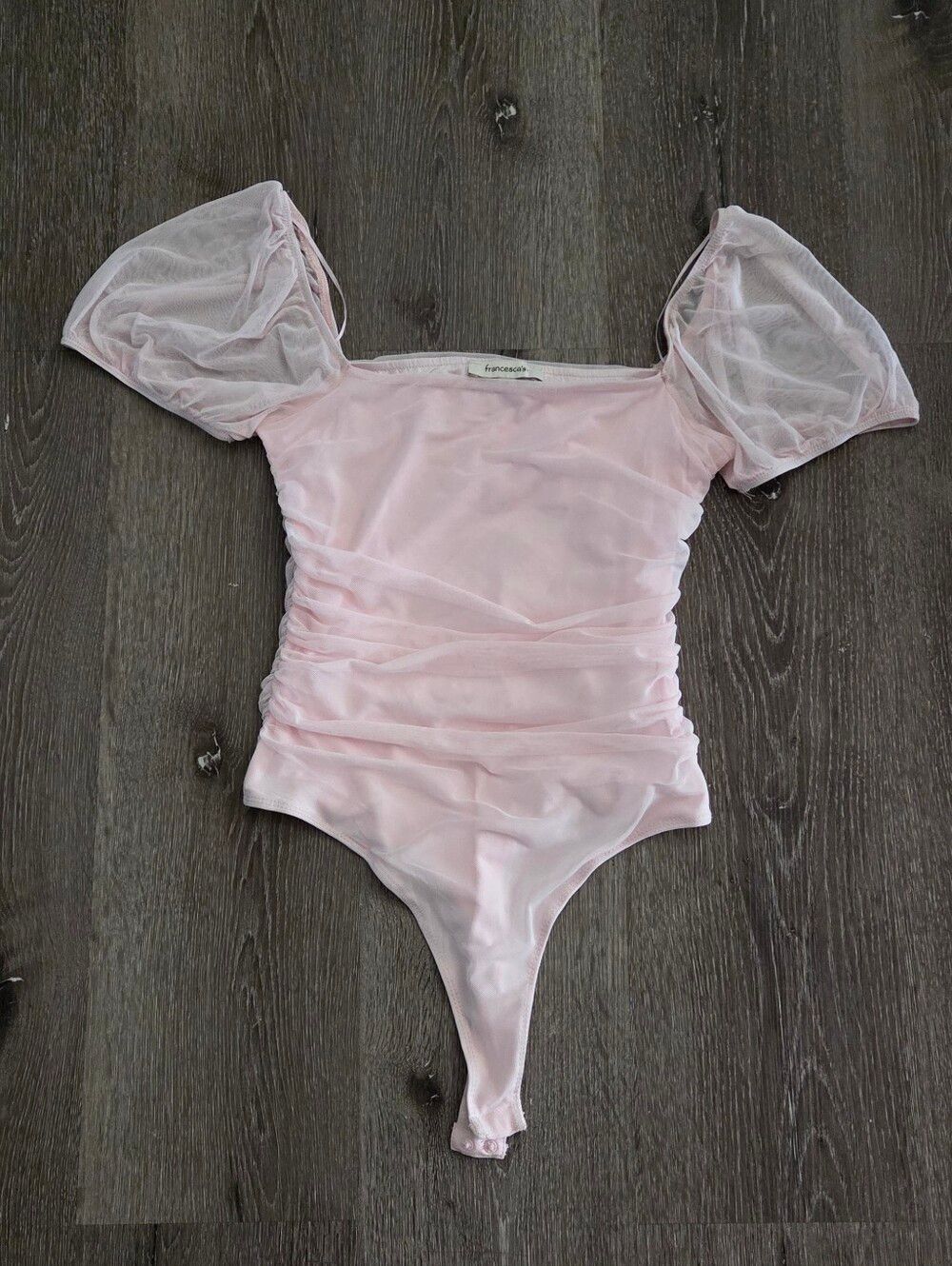 Francesca's Light Pink Puff Sleeve Ruched Mesh Bodysuit Small